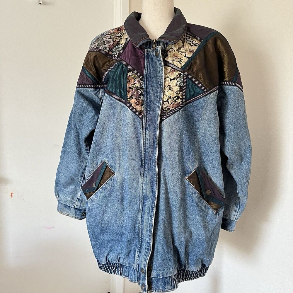 VTG 90's Current Seen Women's Jean Jacket M Color Block Denim Tapestry Hippie